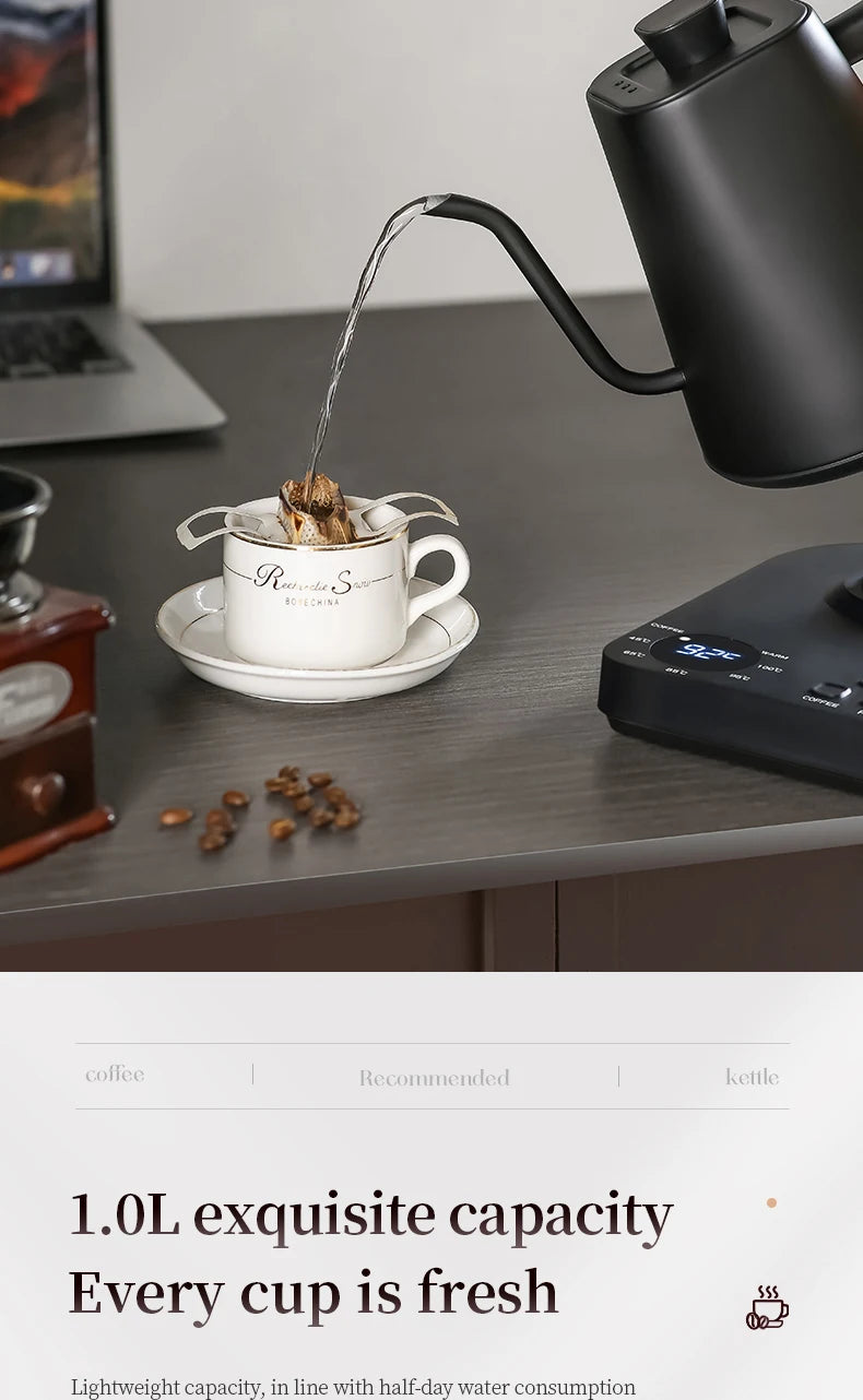 Electric Gooseneck Kettle 1000ML  Hand Brew Coffee Tea 1200W Pot Smart Teapot Temperature Control Pot Rapid Heating Kettle 220v