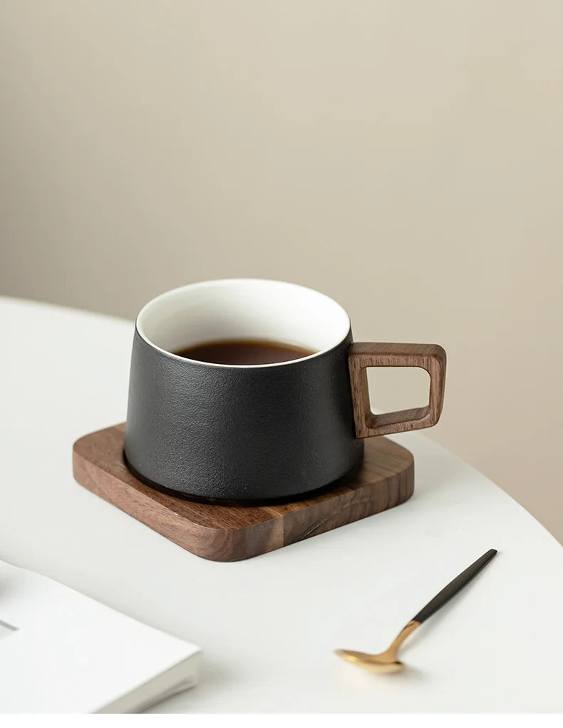 Coffee Cup Solid Wood Coaster Set Ceramic High-grade Exquisite Household Drinking Mug Milk Cup