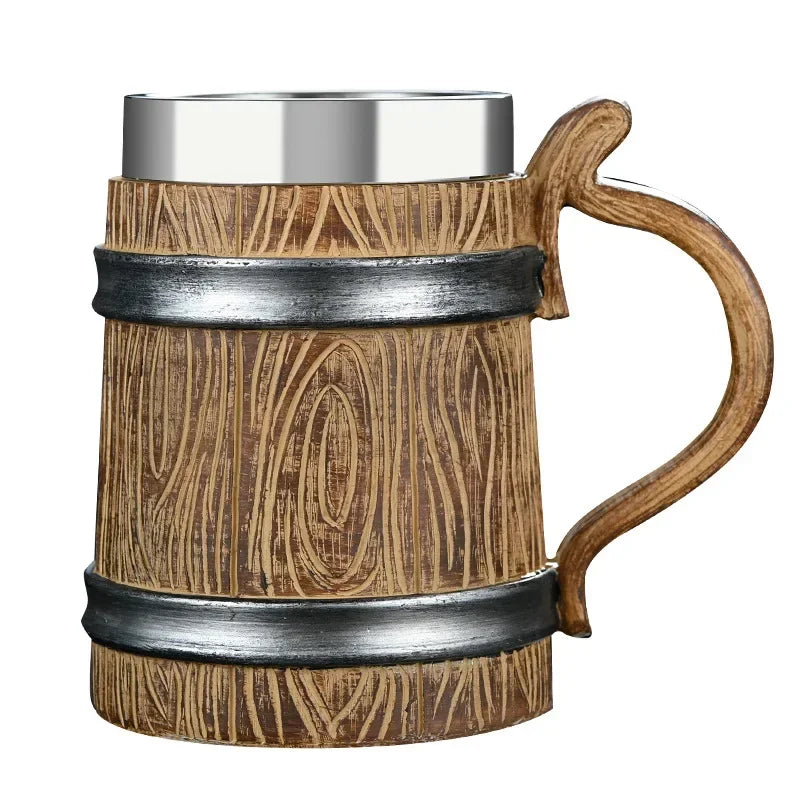 Wooden Beer Mug 600ml Germany Wood Grain 304 Stainless Steel Medieval Tavern Imitation Barrel Tankard Coffee Cup Men Gift Retro