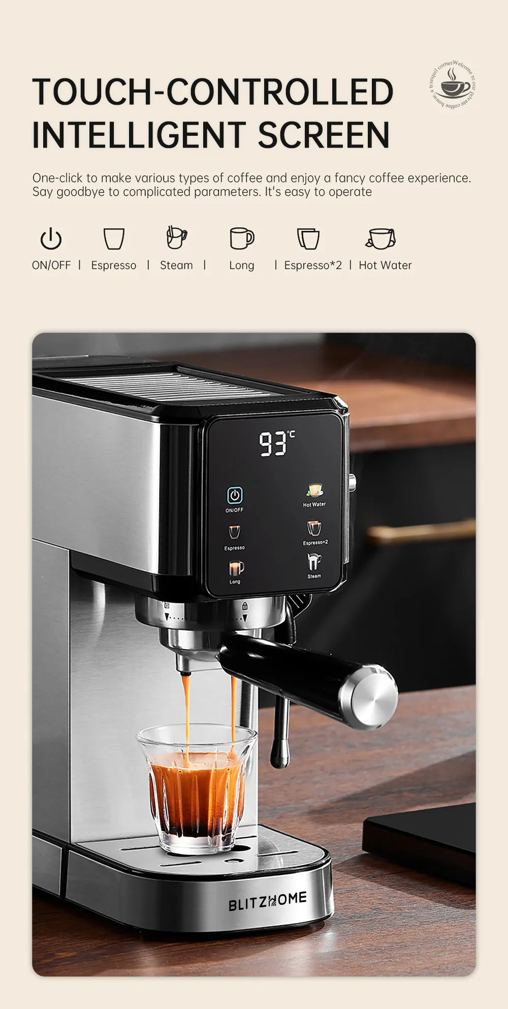 BlitzHome CM5105 Semi-Automatic Espresso Coffee Machine 20Bar 1350W with Touchscreen Control Cup Warmer 1L Removable Water Tank