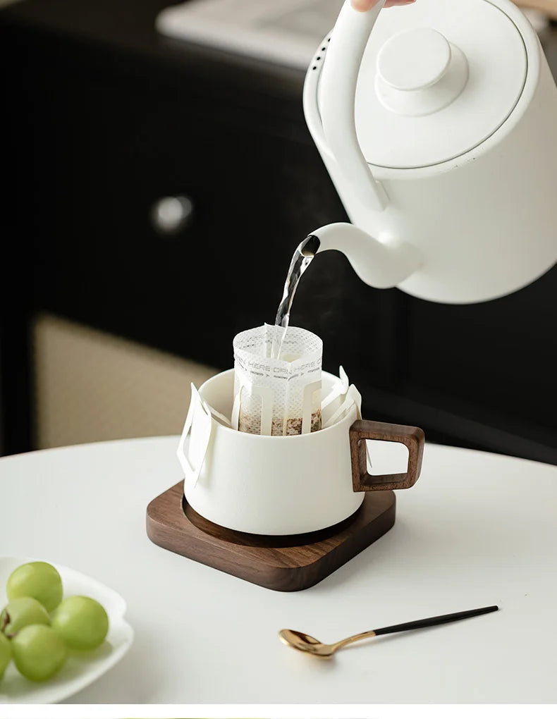 Coffee Cup Solid Wood Coaster Set Ceramic High-grade Exquisite Household Drinking Mug Milk Cup