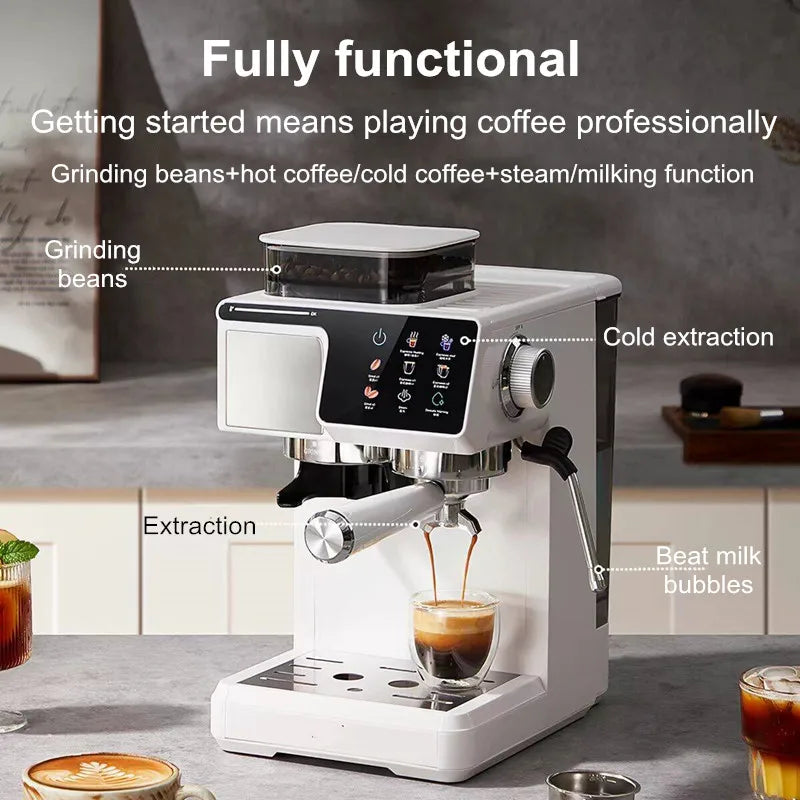 2-in-1 Cold & Hot Coffee Maker with Built-in Grinder & Milk Frother | Compact Espresso Machine for Home, Office & Small Cafés