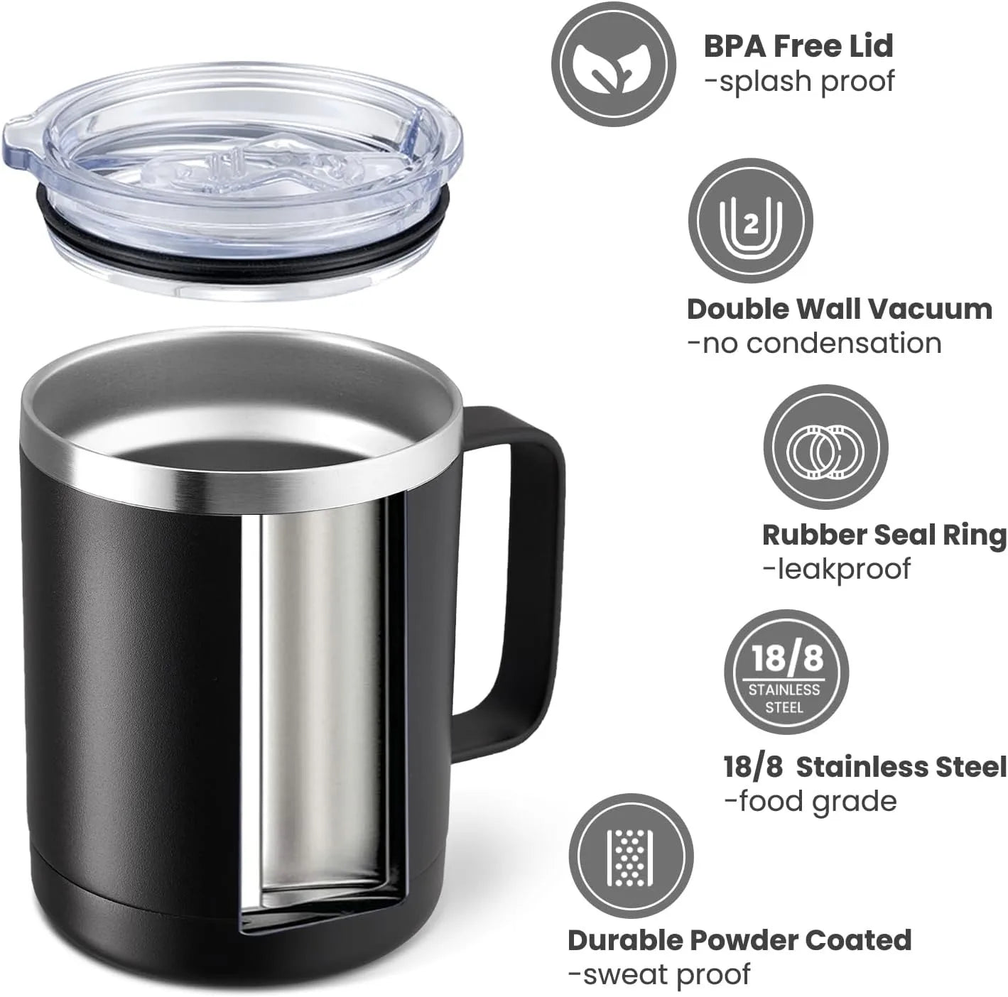 12oz Coffee Mug with Handle Sliding Lid,Stainless Steel Travel Tumbler Cup Double Insulated Camping Cup for Hot & Cold Drink Tea