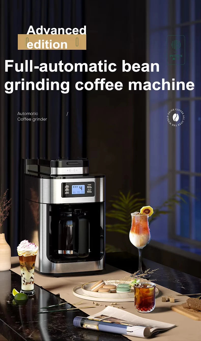 1500W Automatic Coffee Maker - Office/Home All-in-One Drip with Grinder, Fast Brew, Stainless Steel Black, Easy Clean