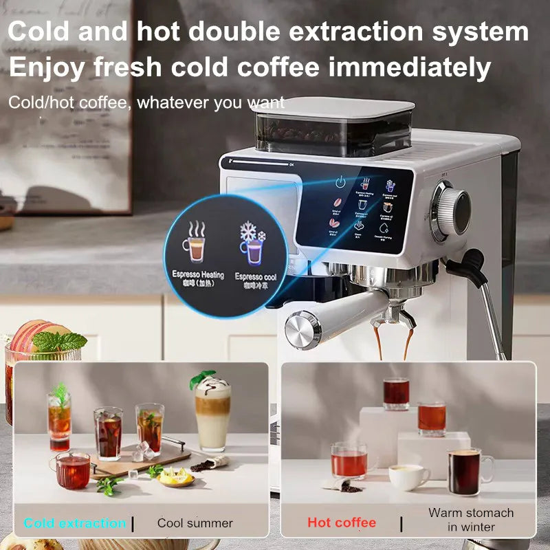 2-in-1 Cold & Hot Coffee Maker with Built-in Grinder & Milk Frother | Compact Espresso Machine for Home, Office & Small Cafés