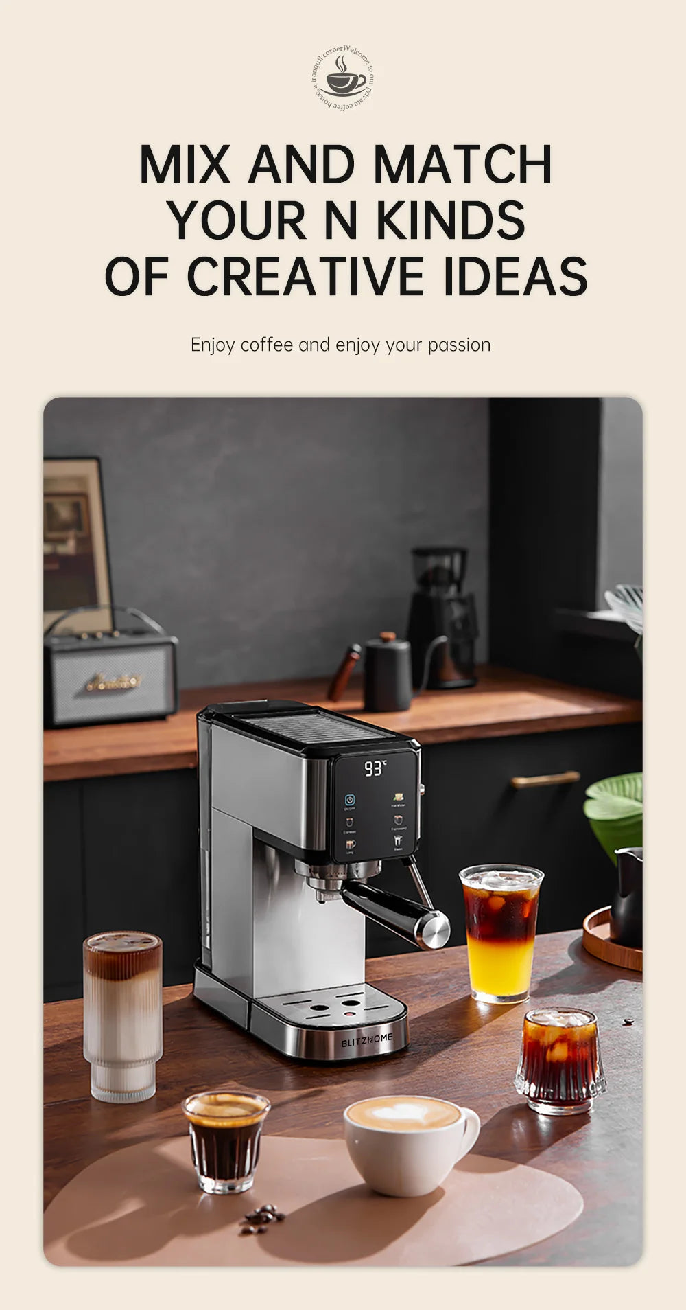 BlitzHome CM5105 Semi-Automatic Espresso Coffee Machine 20Bar 1350W with Touchscreen Control Cup Warmer 1L Removable Water Tank