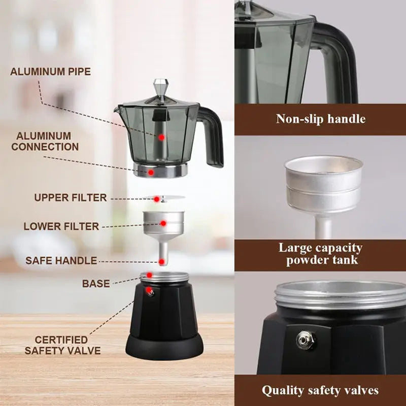 480W Electric Coffee Maker 300ml/6 Cups Home Aluminum Mocha Pot Portable Electric Italian Coffee Maker Percolator for Home Black