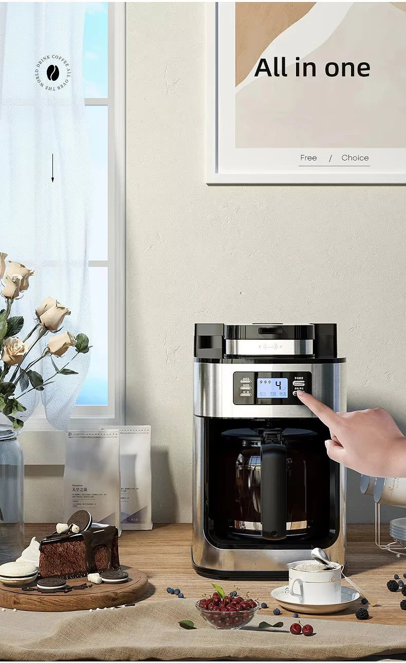 1500W Automatic Coffee Maker - Office/Home All-in-One Drip with Grinder, Fast Brew, Stainless Steel Black, Easy Clean