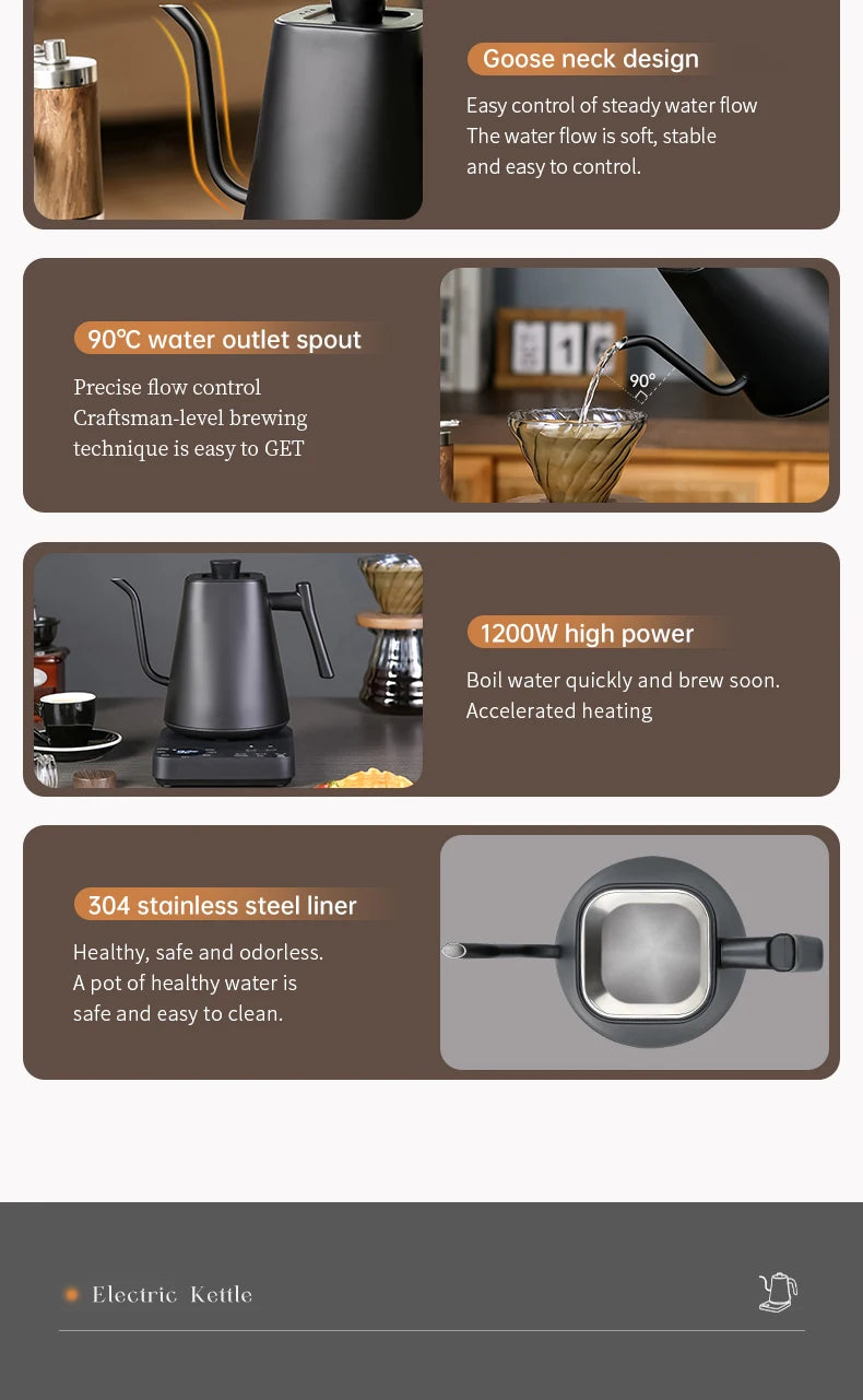 Electric Gooseneck Kettle 1000ML  Hand Brew Coffee Tea 1200W Pot Smart Teapot Temperature Control Pot Rapid Heating Kettle 220v