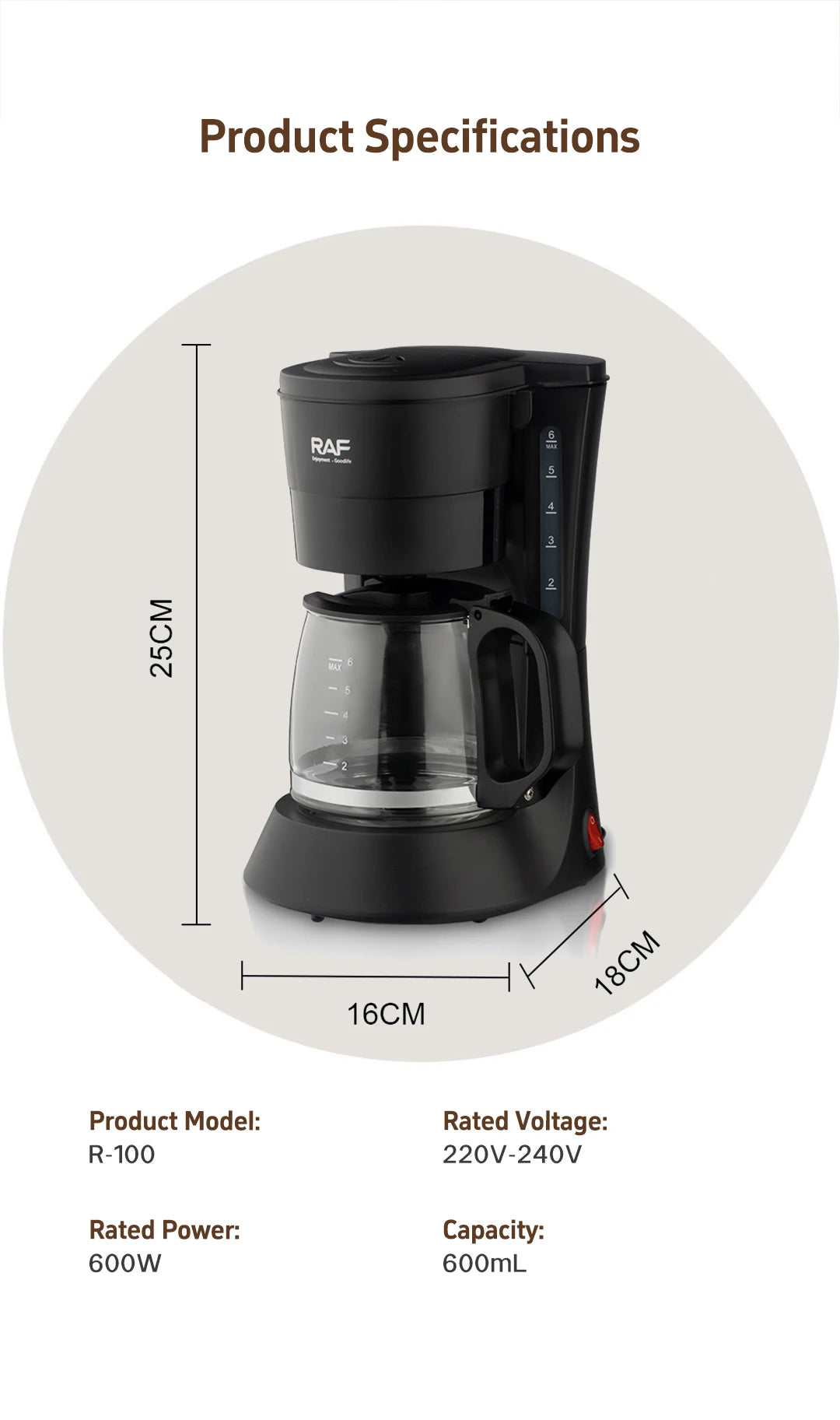 Drip Coffee Maker - Automatic Home Coffee Machine with Keep-Warm Function for American Coffee & Tea Brewing in Office