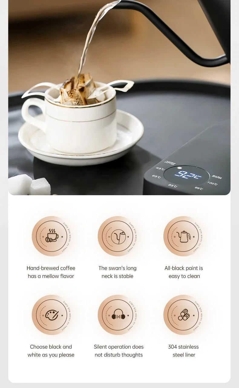 Electric Gooseneck Kettle 1000ML  Hand Brew Coffee Tea 1200W Pot Smart Teapot Temperature Control Pot Rapid Heating Kettle 220v