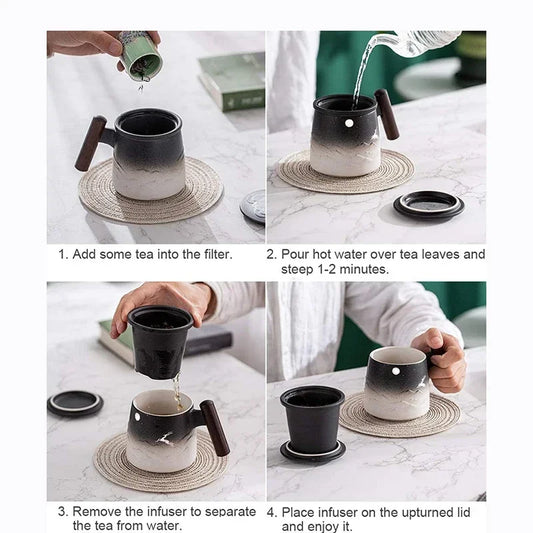 Beautiful Tea Mugs Ceramic Vintage Tea Coffee Cup Beer Large Mug with Infuser Lid Wooden Handle Tableware Personalized Gifts
