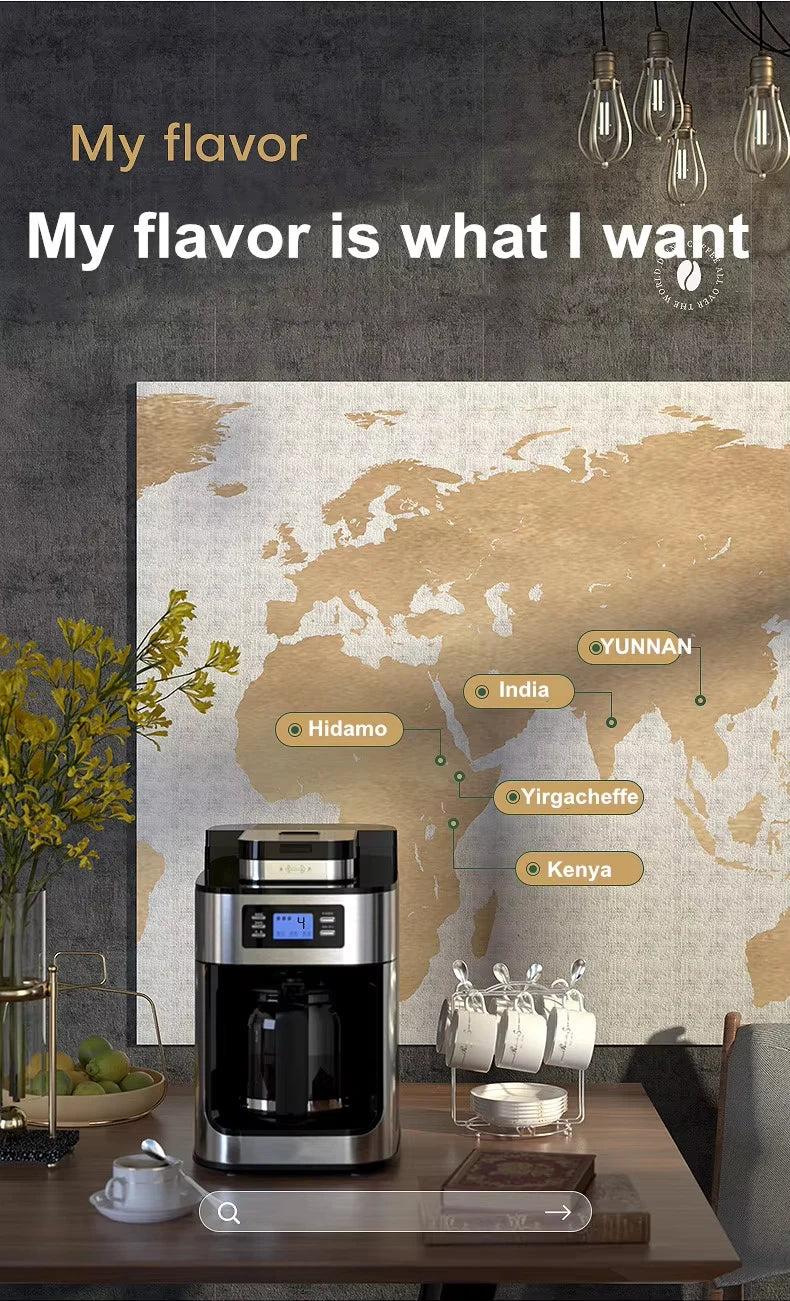 1500W Automatic Coffee Maker - Office/Home All-in-One Drip with Grinder, Fast Brew, Stainless Steel Black, Easy Clean