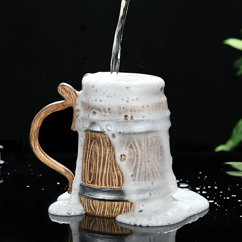 Wooden Beer Mug 600ml Germany Wood Grain 304 Stainless Steel Medieval Tavern Imitation Barrel Tankard Coffee Cup Men Gift Retro