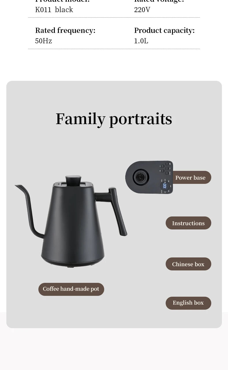 Electric Gooseneck Kettle 1000ML  Hand Brew Coffee Tea 1200W Pot Smart Teapot Temperature Control Pot Rapid Heating Kettle 220v