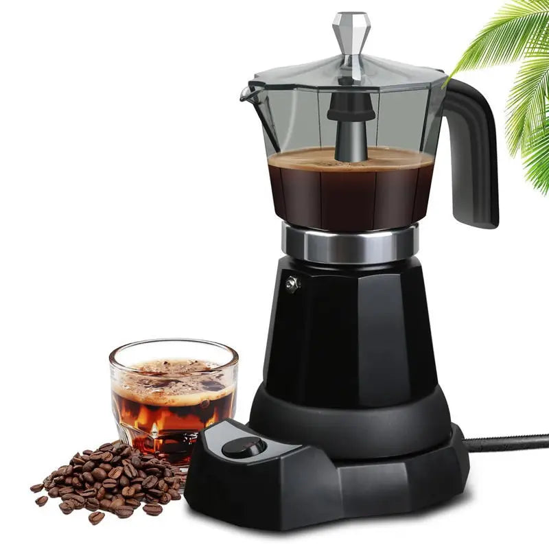 480W Electric Coffee Maker 300ml/6 Cups Home Aluminum Mocha Pot Portable Electric Italian Coffee Maker Percolator for Home Black