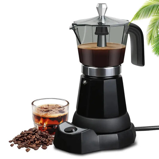 480W Electric Coffee Maker 300ml/6 Cups Home Aluminum Mocha Pot Portable Electric Italian Coffee Maker Percolator for Home Black