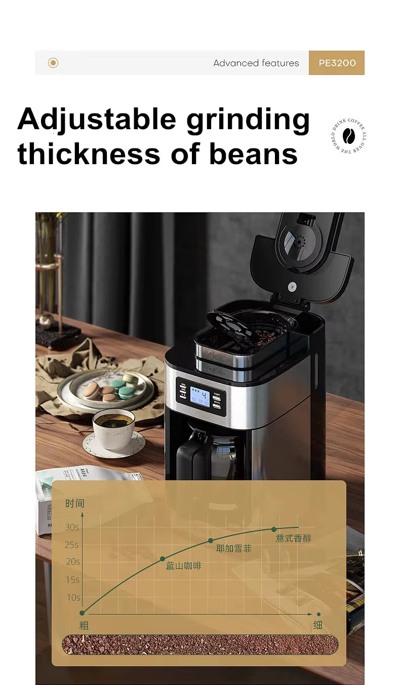 1500W Automatic Coffee Maker - Office/Home All-in-One Drip with Grinder, Fast Brew, Stainless Steel Black, Easy Clean