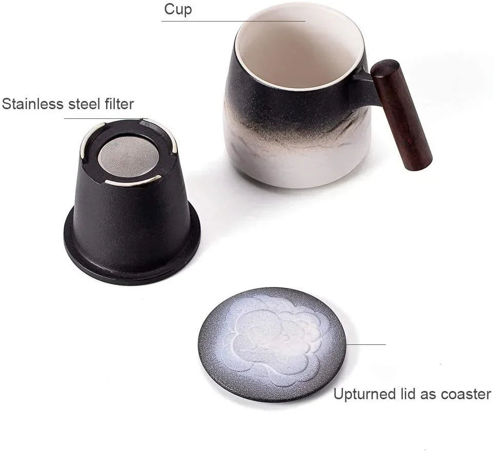 Beautiful Tea Mugs Ceramic Vintage Tea Coffee Cup Beer Large Mug with Infuser Lid Wooden Handle Tableware Personalized Gifts
