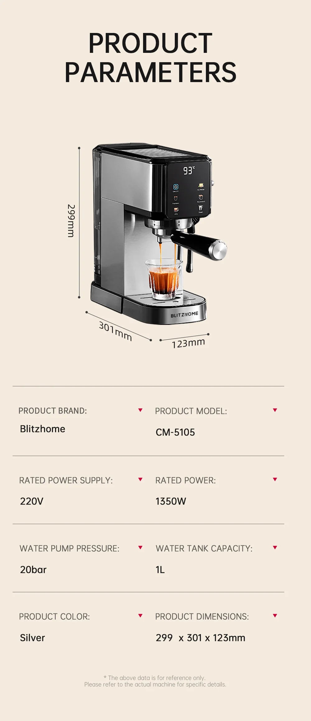 BlitzHome CM5105 Semi-Automatic Espresso Coffee Machine 20Bar 1350W with Touchscreen Control Cup Warmer 1L Removable Water Tank