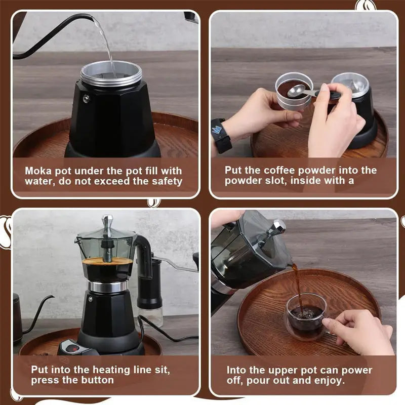 480W Electric Coffee Maker 300ml/6 Cups Home Aluminum Mocha Pot Portable Electric Italian Coffee Maker Percolator for Home Black