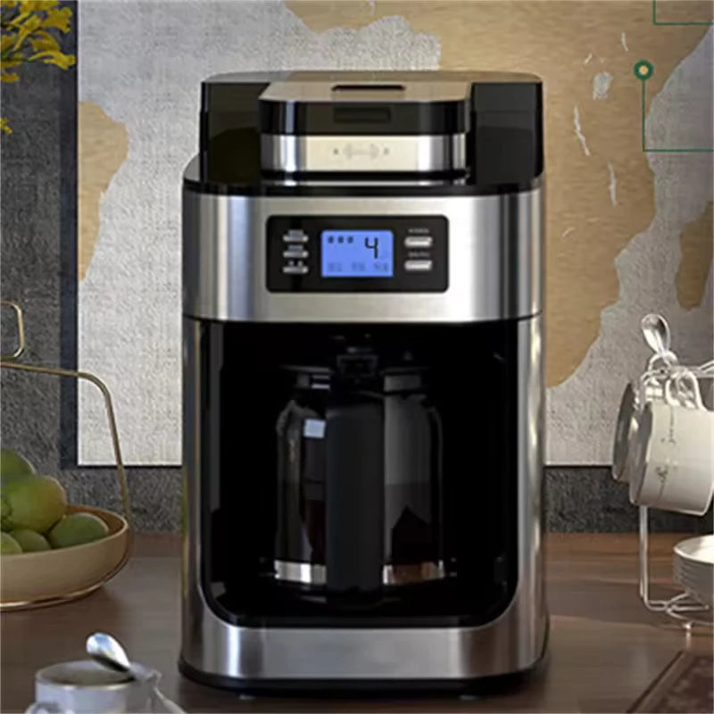 1500W Automatic Coffee Maker - Office/Home All-in-One Drip with Grinder, Fast Brew, Stainless Steel Black, Easy Clean