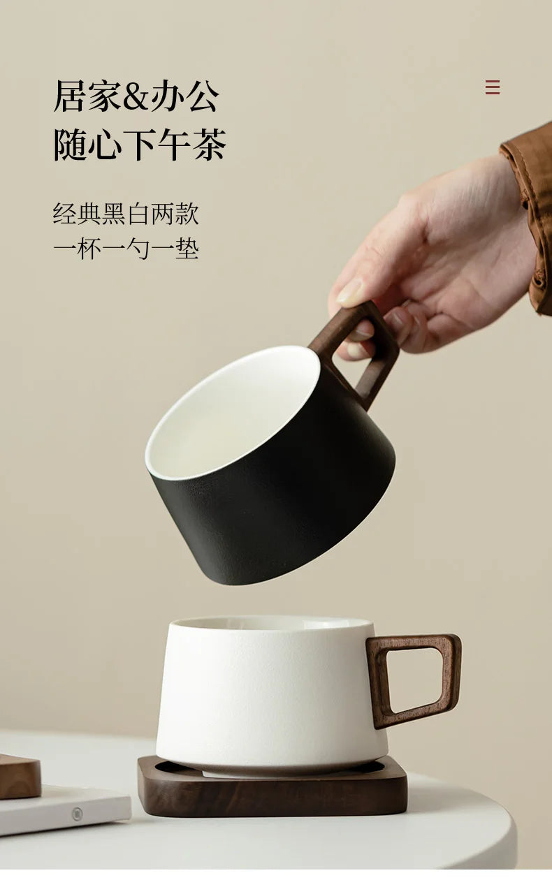 Coffee Cup Solid Wood Coaster Set Ceramic High-grade Exquisite Household Drinking Mug Milk Cup